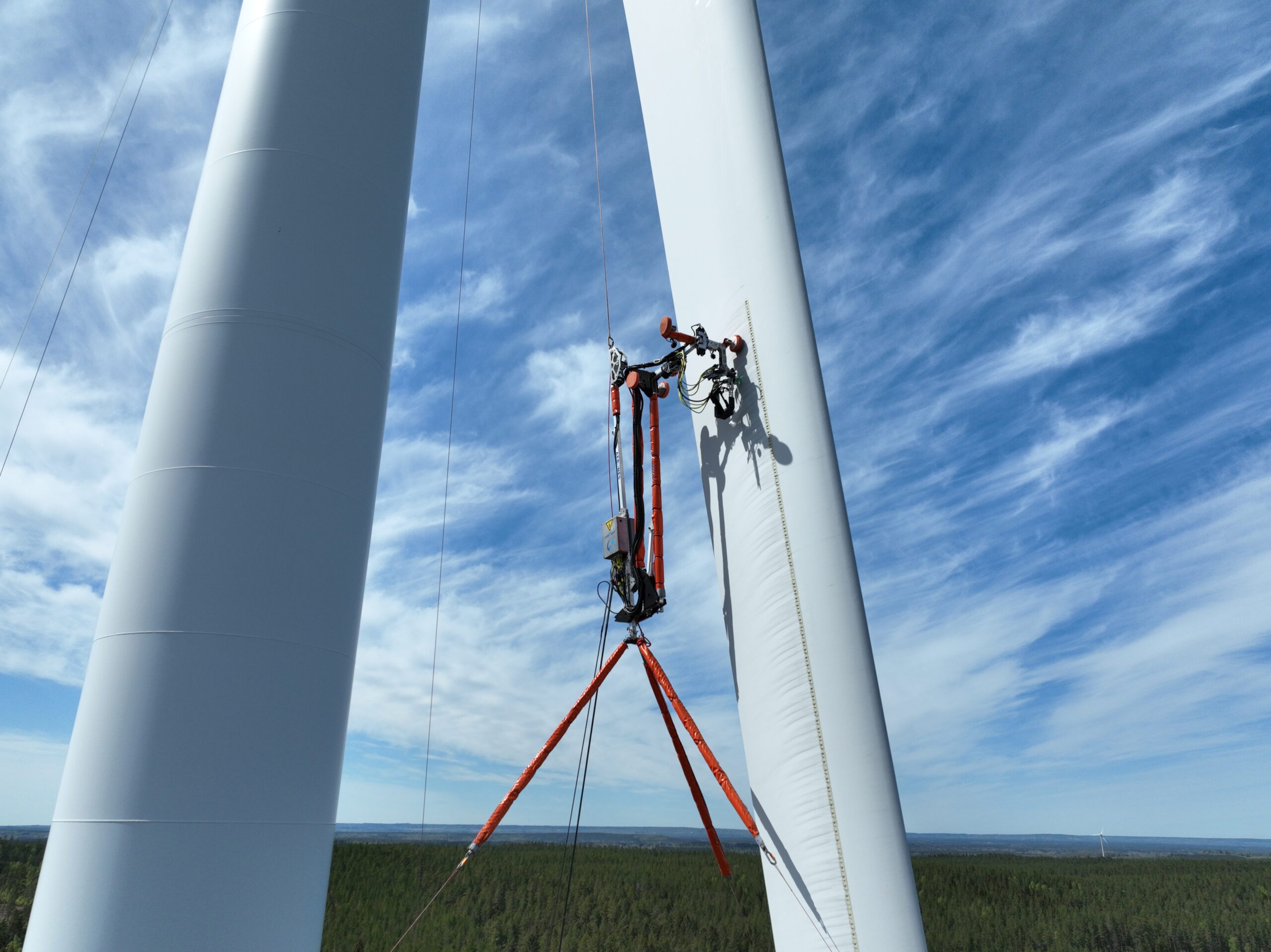 Aerial view of wind turbine during Aerones operations