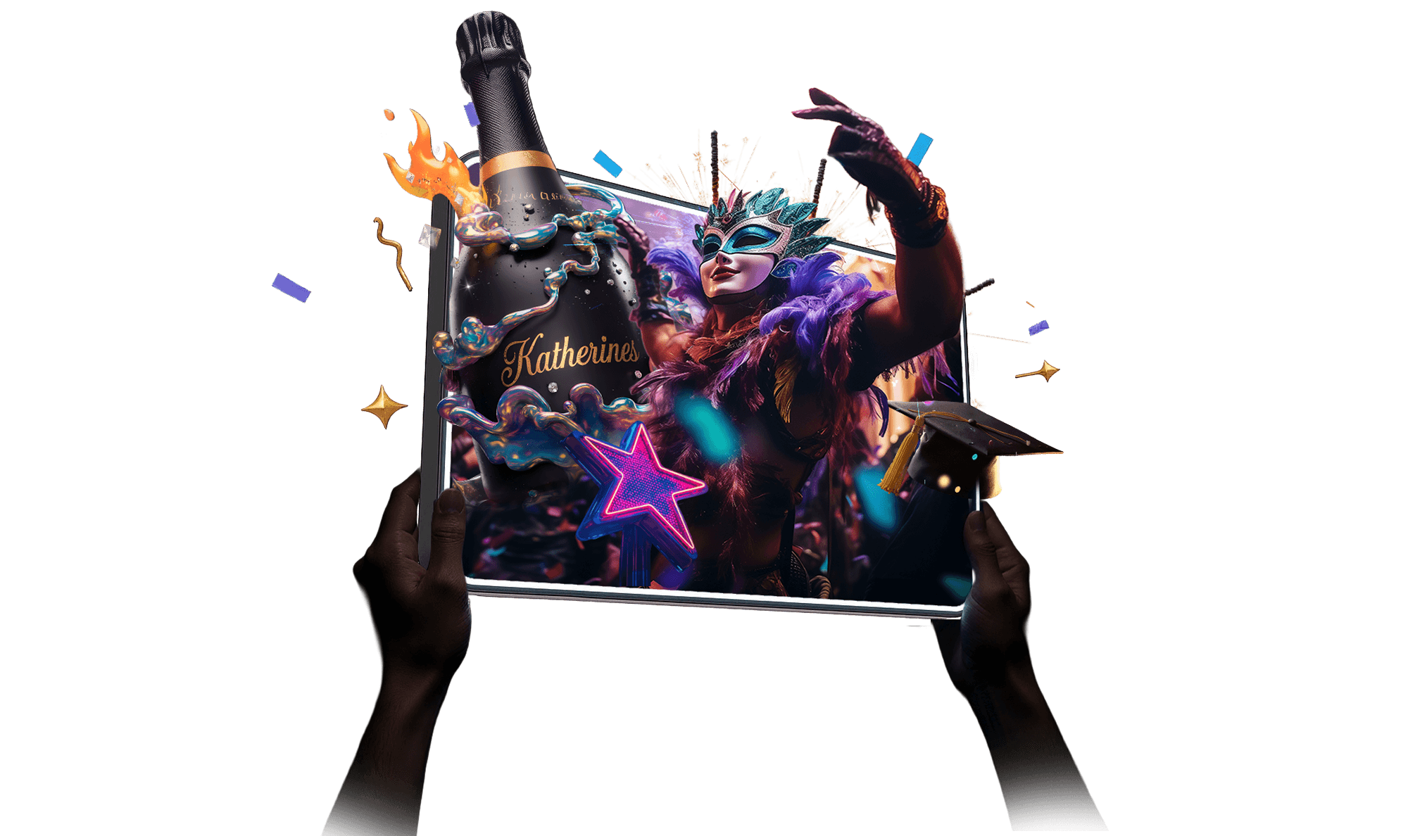 Genboard display held up showing AI-generated venue content with bottle service visuals