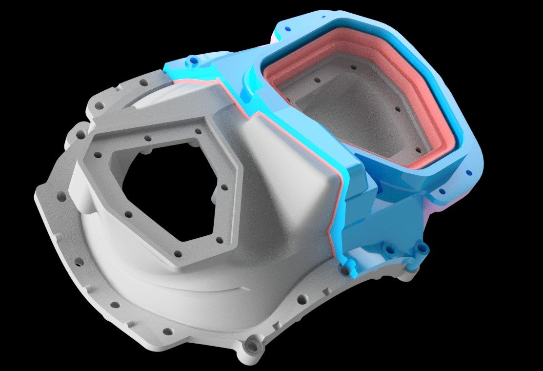 CAD cross-section of Rheo Dive mask showing optical assembly, silicone skirt layers, and frame structure