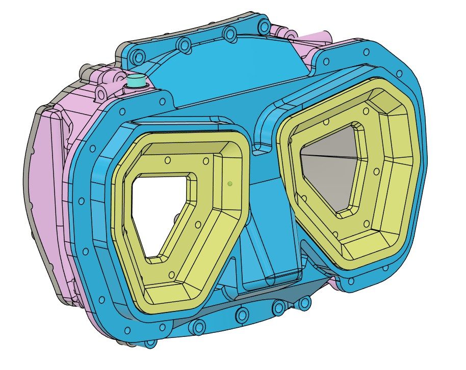 CAD exploded front view of Rheo Dive mask — color-coded components showing frame, lens, silicone skirt, and electronics housing