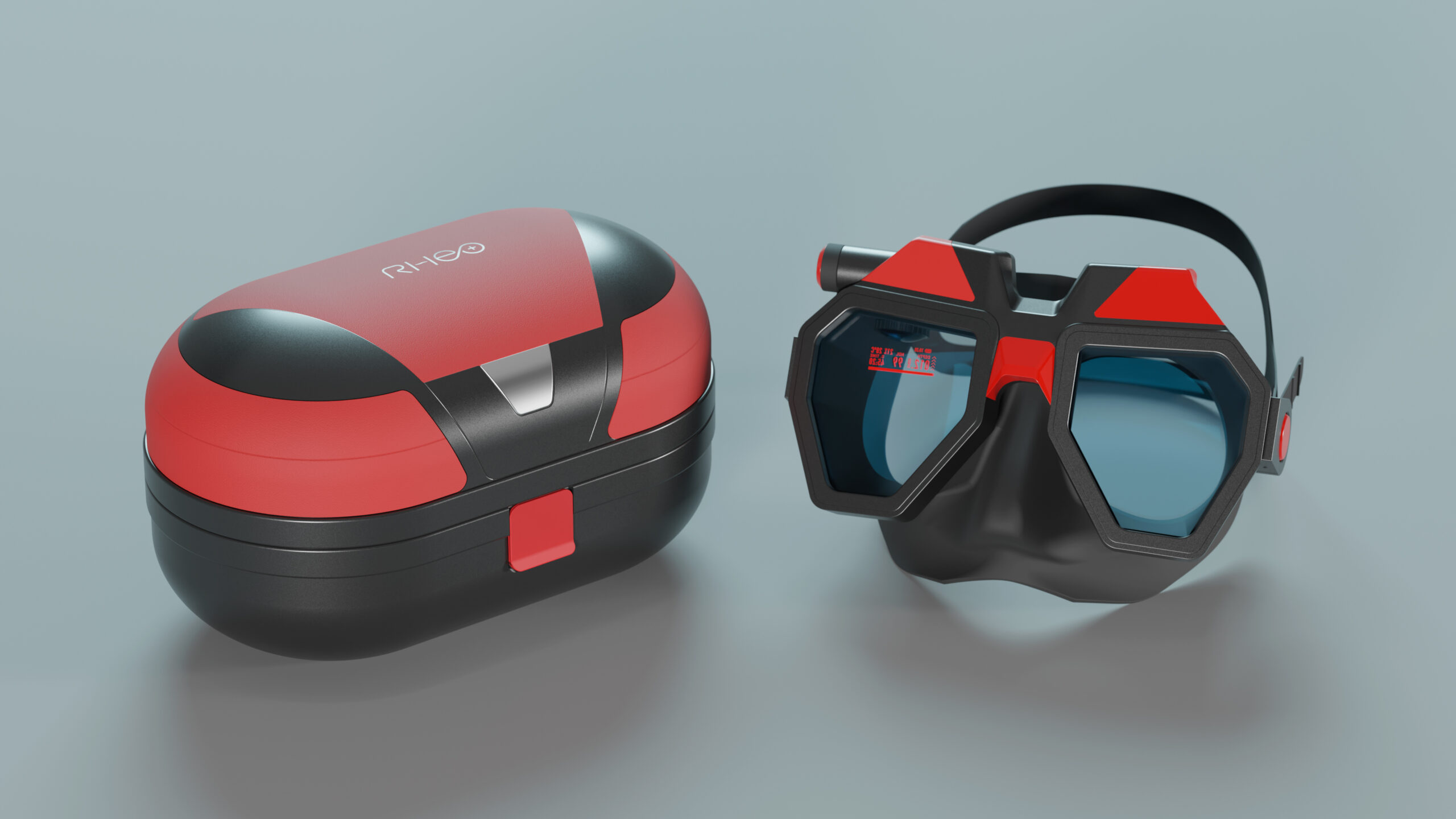 Rheo Dive smart mask and wireless charging case — complete product system