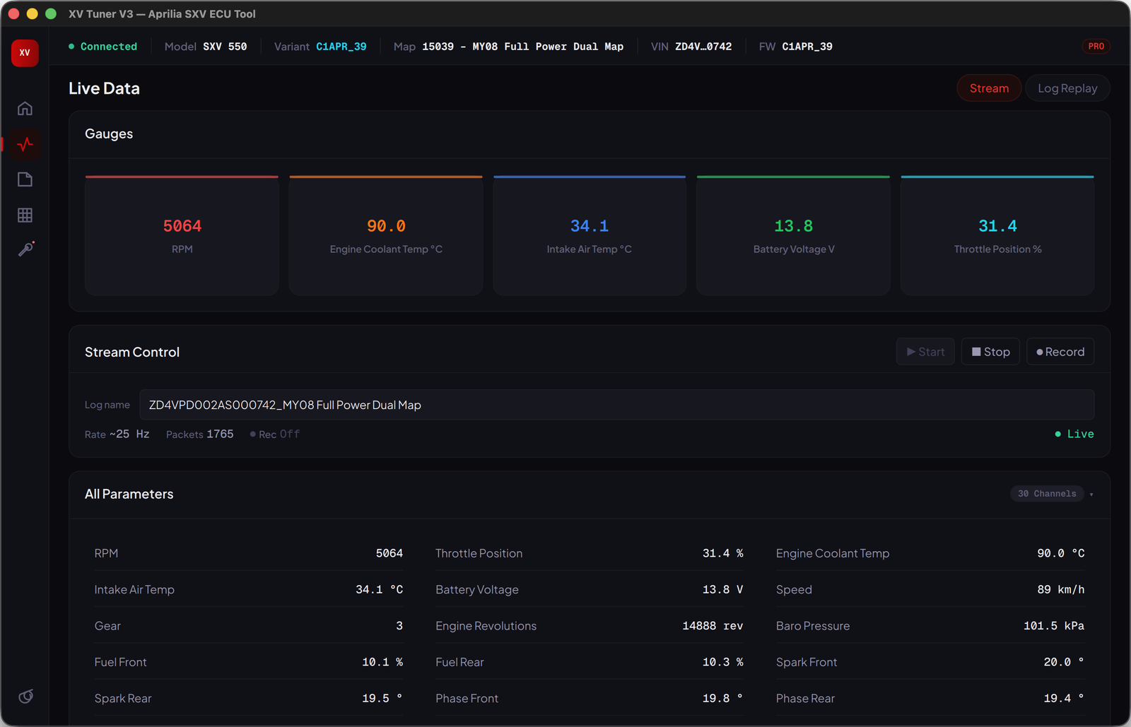 XV Tuner V3 Live Data view — real-time gauges showing RPM, coolant temp, intake air, battery voltage, and throttle position at 25 Hz