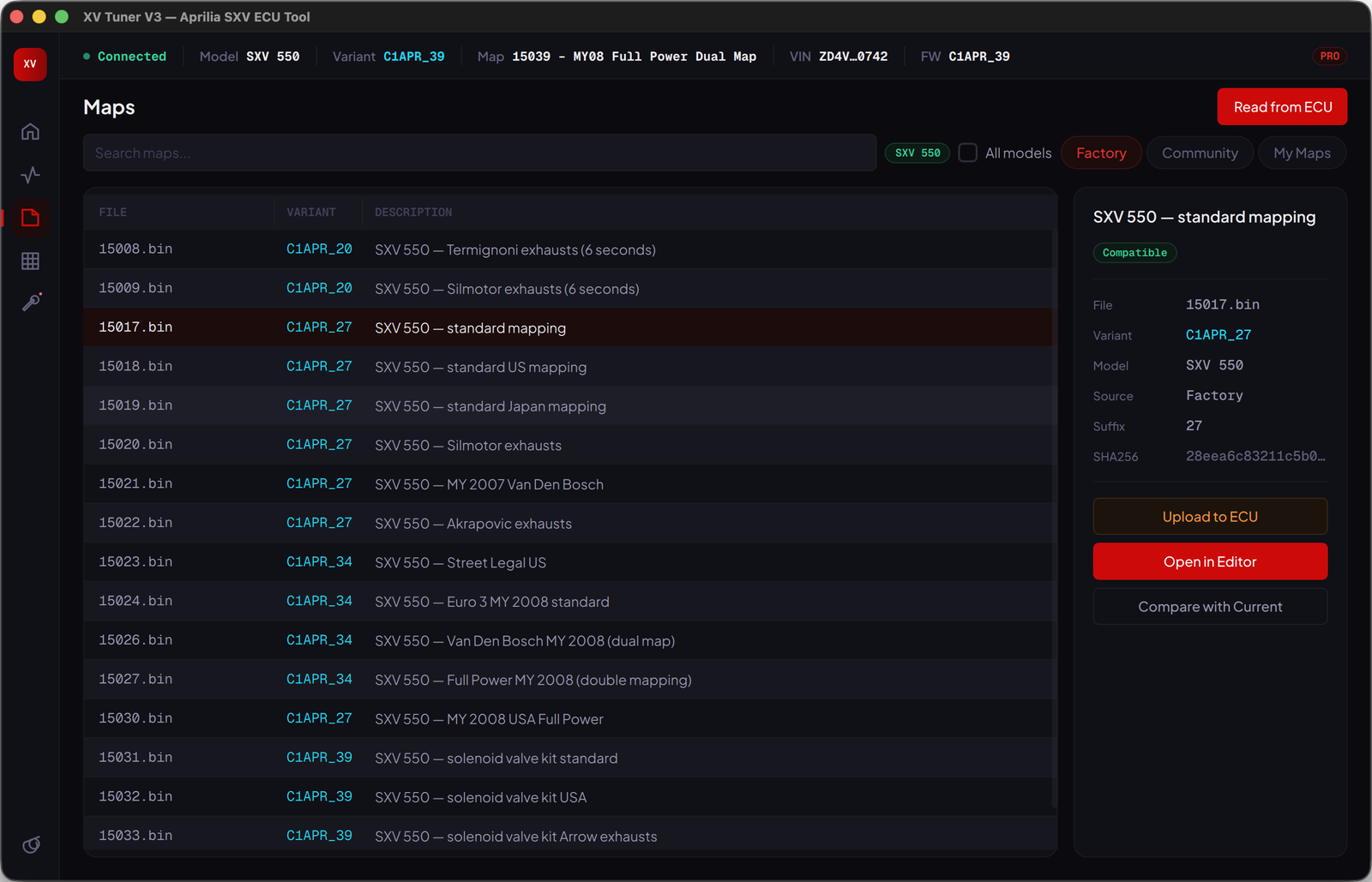 XV Tuner V3 Maps catalog — 100+ factory maps searchable by model, variant, and exhaust type